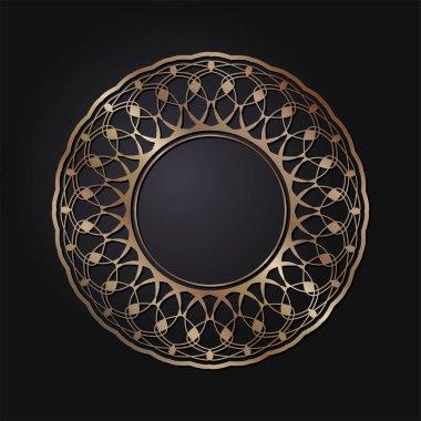 Dekoratif açılış çerçevesi, siyah arkaplanda altın soyut desenli. Dairesel süs. Tasarım için zarif bir unsur. Vektör.
