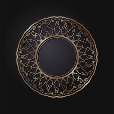 Dekoratif açılış çerçevesi, siyah arkaplanda altın soyut desenli. Dairesel süs. Tasarım için zarif bir unsur. Vektör.