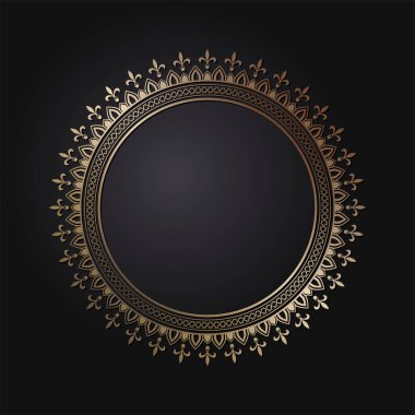 Dekoratif açılış çerçevesi, siyah arkaplanda altın soyut desenli. Dairesel süs. Tasarım için zarif bir unsur. Vektör. Genel desen