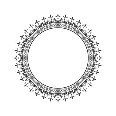 Soyut süslemeli dekoratif yuvarlak tasarım çerçevesi. Kartpostal basma şablonu, davetiyeler, kitaplar, tekstil, gravür, ahşap mobilya, sahtecilik. Vektör.