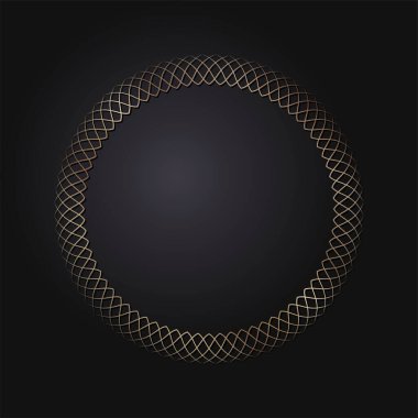 Dekoratif açılış çerçevesi, siyah arkaplanda altın soyut desenli. Dairesel süs. Tasarım için zarif bir unsur. Vektör.