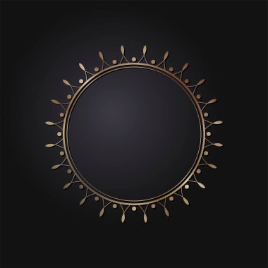 Dekoratif açılış çerçevesi, siyah arkaplanda altın soyut desenli. Dairesel süs. Tasarım için zarif bir unsur. Vektör.