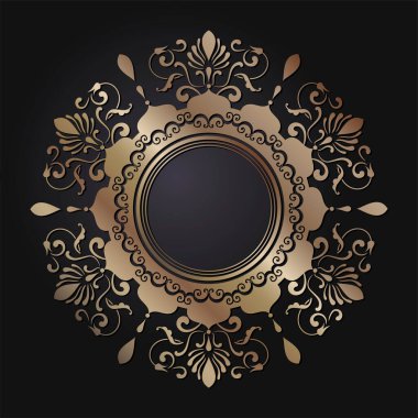 Tasarım için soyut altın çiçek süsüyle dekoratif yuvarlak çerçeve. Çember çerçeve. Kağıt, davetiye, kitap, tekstil, gravür, sahtecilik için zarif bir unsur. Vektör.