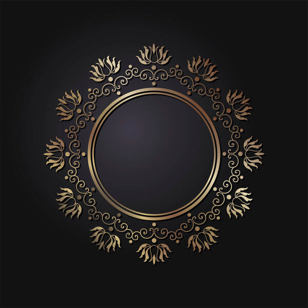Декоративная круглая рамка для оформления с абстрактным золотым цветочным орнаментом. Круговая рамка. Элегантный элемент для печати открыток, приглашений, книг, текстиля, гравировки, ковки. Вектор.