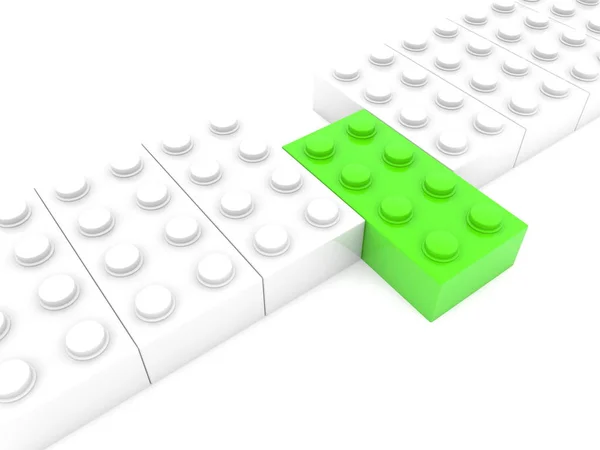 Green Toy Brick Out White Toy Bricks Row — Stock Photo, Image