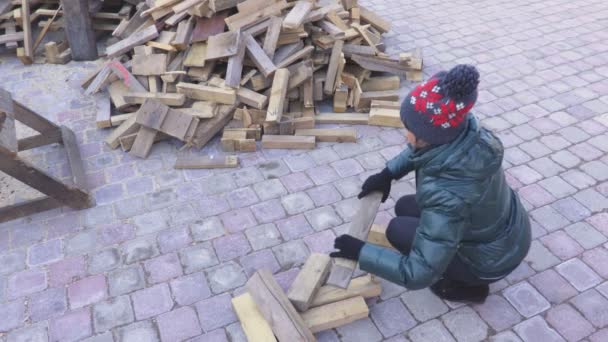 Woman Firewood Pile — Stock Video