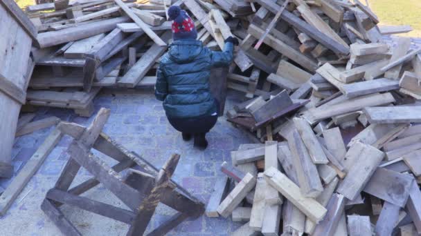 Odun Iki Odun Yığınları Arasında Sıralama Kadın — Stok video