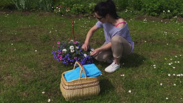 Mulher Classificando Flores Cesta — Vídeo de Stock