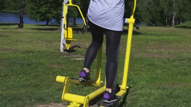 Mujer Usando Máquina Entrenamiento Paso Paso Parque — Vídeos de Stock