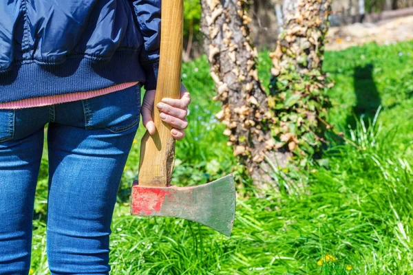 Mujer Con Hacha Cerca Del Árbol — Foto de Stock