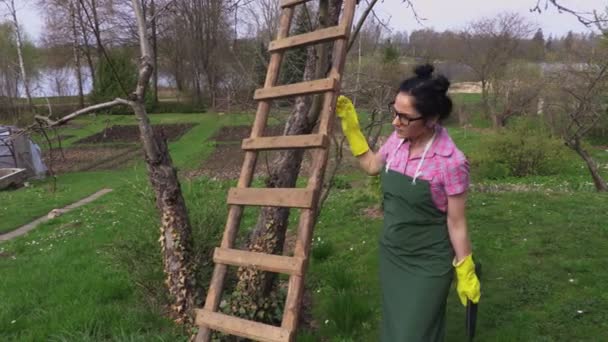 Jardinier Fatigué Avec Sécateurs Près Pommier — Video