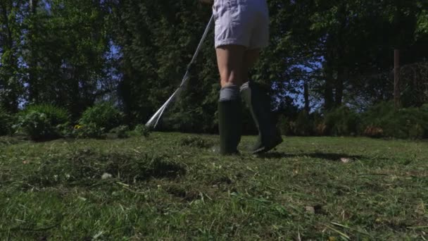 庭をきれいにするために熊手を使用して女性 — ストック動画