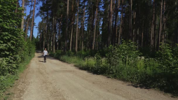 妇女徒步旅行者与北欧波兰人在森林路漫步 — 图库视频影像