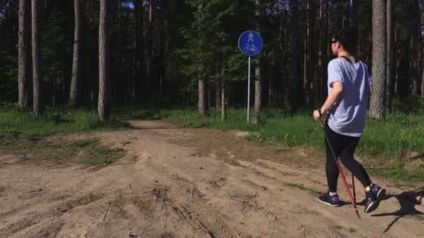 Kvinna Hiker Med Nordiska Polacker Promenader Parken — Stockvideo