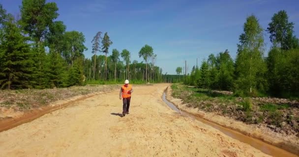 Engenheiro Verificar Nova Estrada Florestal — Vídeo de Stock