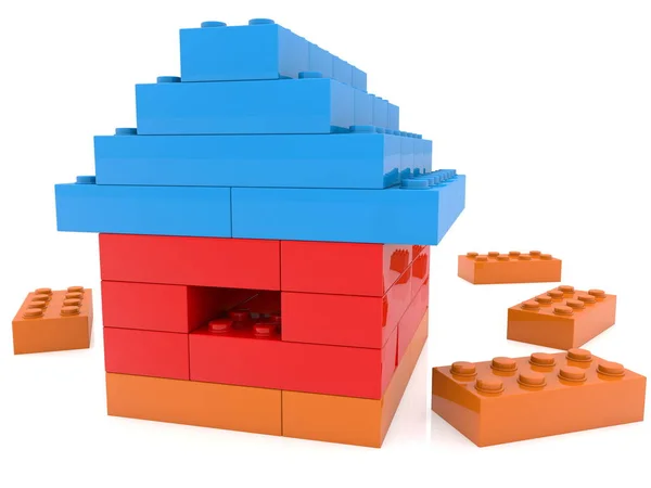 Speelgoed Bakstenen Huis Rood Blauw Bruin Kleuren — Stockfoto
