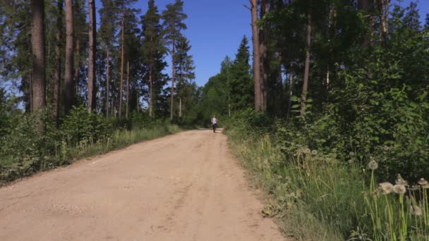 Kobieta Plecaka Chodzenie Wiejskiej Drodze Pobliżu Lasu — Wideo stockowe