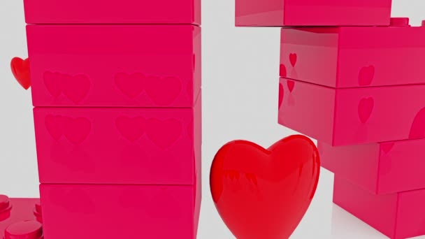 Concept d'amour construit à partir de briques de jouet avec des cœurs rouges autour 