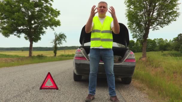 Wütender Fahrer Nahe Kaputtem Auto Unterwegs — Stockvideo