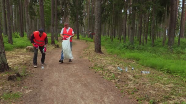 在公园的道路上收集塑料瓶的工人 — 图库视频影像
