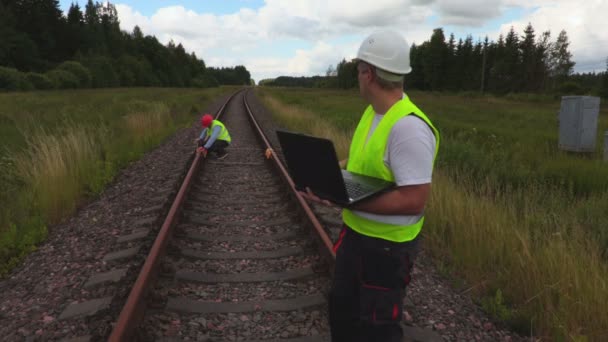 Tired Engineer Railway Laptop — Stock Video