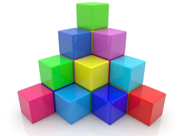 Pirámide Cubos Apilados Varios Colores Sobre Fondo Blanco — Foto de Stock