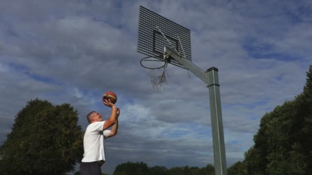 Basketball Player Try Throw Ball Basket — Stock Video