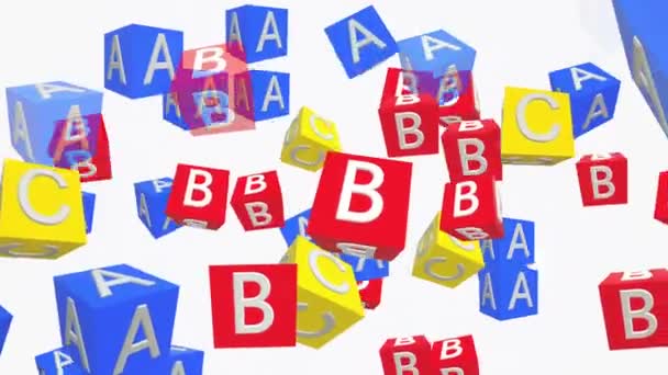 Abstrakte Würfel Mit Buchstaben Rot Blau Und Gelb — Stockvideo