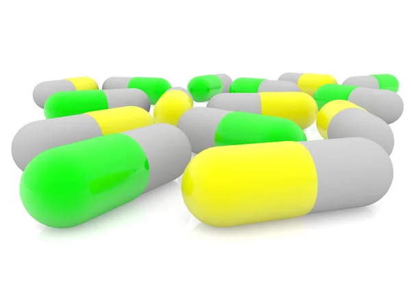 Green Yellow Capsules Medicine White Background — Stock Photo, Image