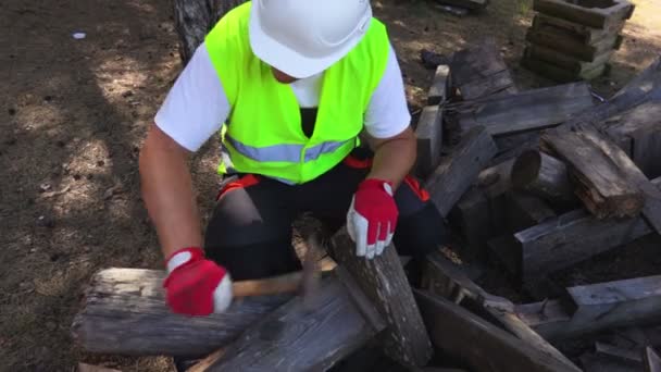 Trabajador Con Martillo Sobre Chapas Madera — Vídeo de stock