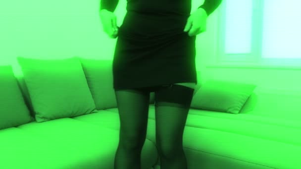 Woman Black Stockings Dance Green Hologram Effect — Stock Video