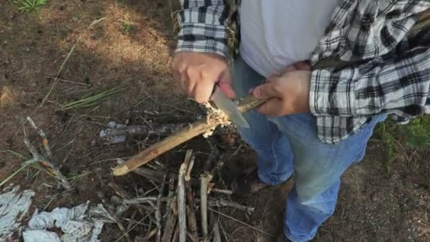 Hiker Cuts Tree Branch Close — Stock Video