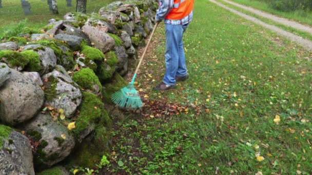 Worker Collects Leaves Autumn Day — Stock Video