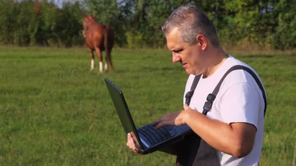 Agricultor Uso Portátil Cerca Caballo — Vídeo de stock