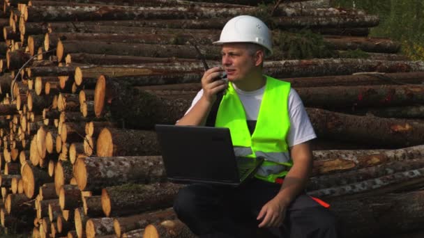 Inspector Forestal Sentado Usando Walkie Talkie — Vídeo de stock