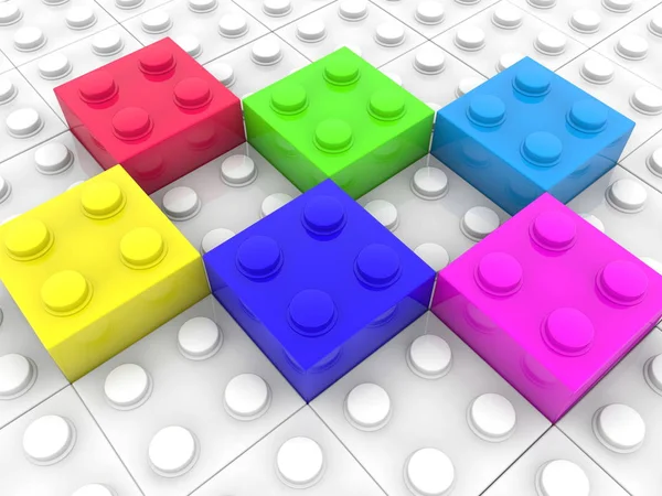 Altı Farklı Oyun Tuğla Tuğla Beyaz Arka Plan Üzerinde Renkli — Stok fotoğraf