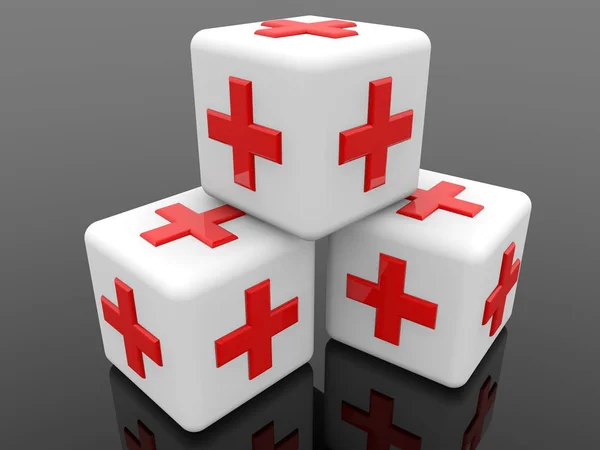 White cubes with red cross concept on black background