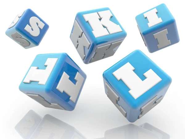 Rolling Cubos Azules Con Concepto Habilidad Blanco — Foto de Stock