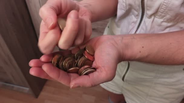 女性の腕カウント コインのクローズ アップ — ストック動画