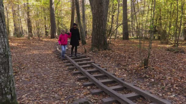 Madre Con Hija Caminando Por Los Carriles Del Parque — Vídeos de Stock