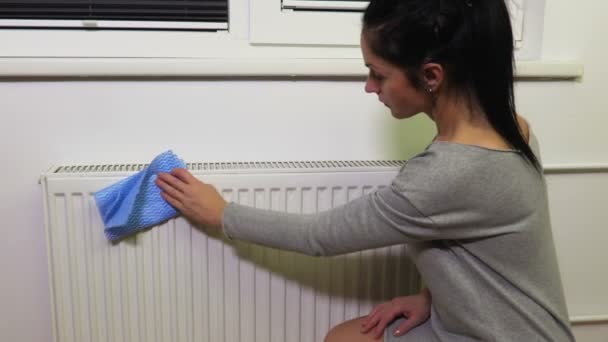 Kvinna Rena Damm Från Värme Radiator — Stockvideo