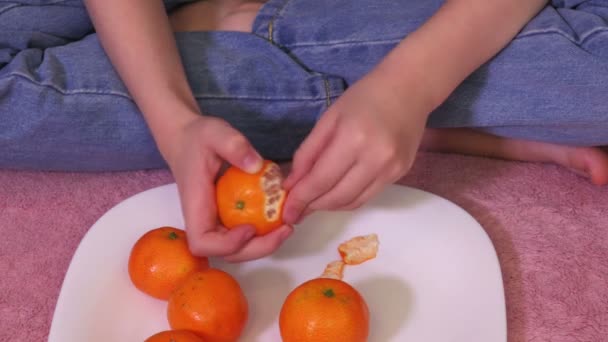 Girl Bed Mandarins — Stock Video