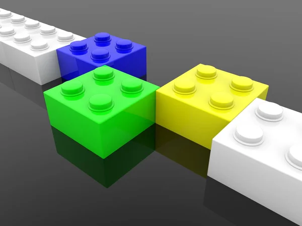 Blue Green White Yellow Toy Bricks One Row — Stock Photo, Image
