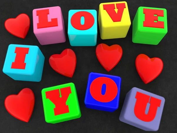 Aşk Sen Kırmızı Kalpler Kavramı Renkli Küpleri — Stok fotoğraf