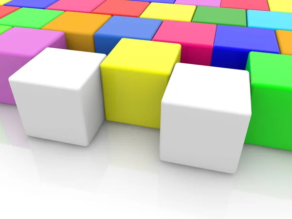 Twee Speelgoed Witte Blokjes Tussen Kleurrijke Speelgoed Kubussen — Stockfoto
