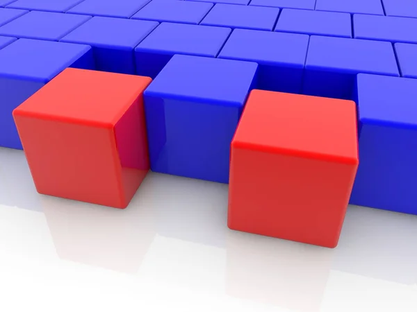 Dos Cubos Rojos Juguete Entre Cubos Color Azul —  Fotos de Stock