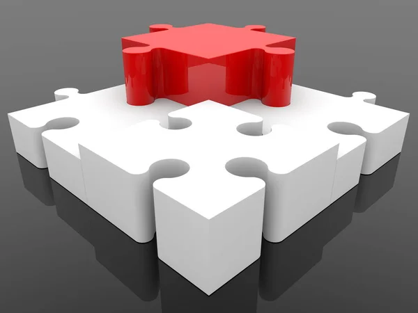 Three White Puzzle Pieces Encircle One Red Piece — Stock Photo, Image