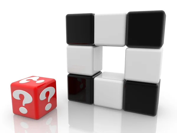 Cubo Vermelho Com Ponto Interrogação Perto Cubos Preto Branco — Fotografia de Stock