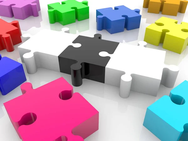 Pezzi Puzzle Multicolore Nel Mezzo Pezzo Puzzle Tre Bianco Nero — Foto Stock