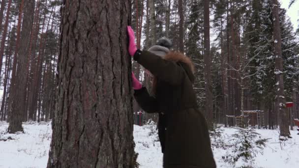 Menina Olhando Para Topo Árvore Andando Redor — Vídeo de Stock